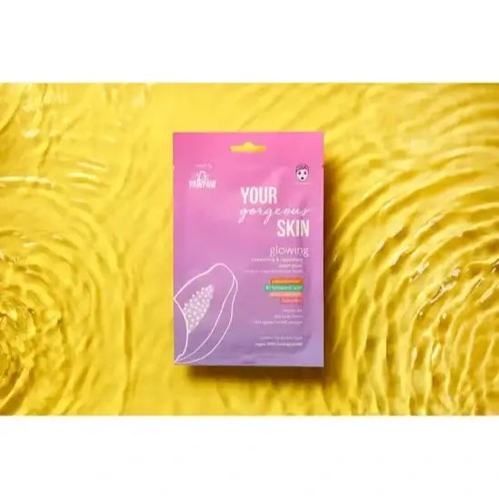 Dr. Paw Paw Your Gorgeous Skin Glowing Sheet Mask packaging on a vibrant yellow background, promoting hydration and radiance.