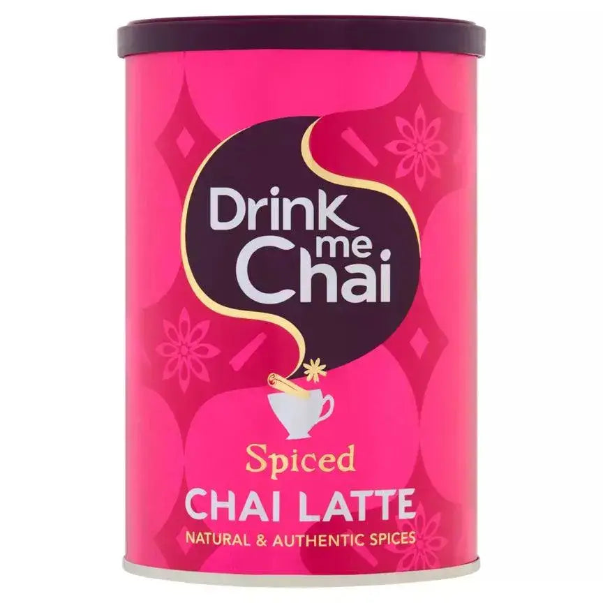 Drink Me Spiced Chai Latte 250g tin with natural spices, gluten-free, for cafe-style chai and iced chai recipes.