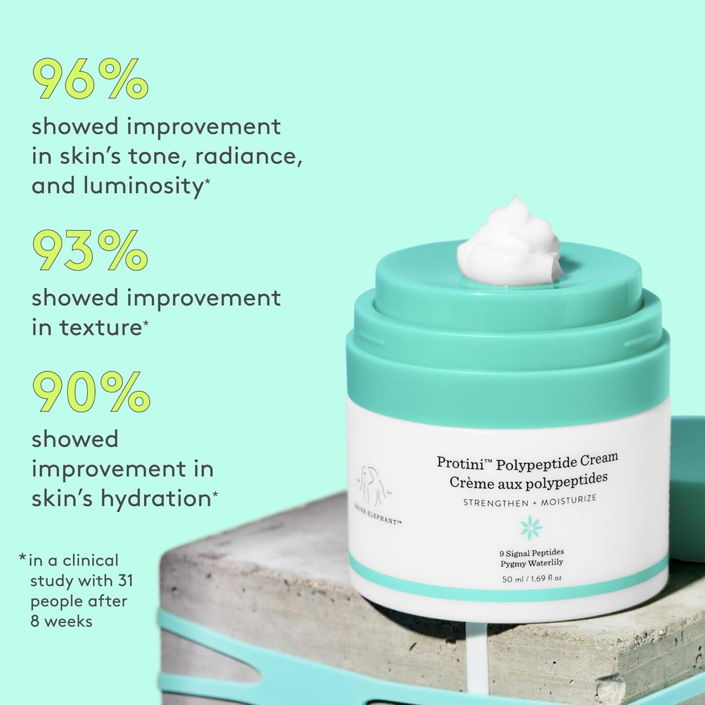 Drunk Elephant Cosmetic cream jar with text on skin improvement percentages on a light green background