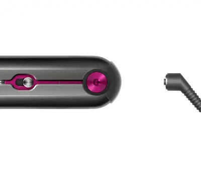 Dyson Corrale Straightener in Nickel/Fuchsia showcasing sleek design and flexible charging port.