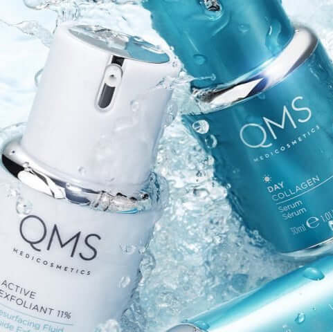 QMS Medicosmetics Day Collagen Serum 30ml and Active Exfoliant 11% in splash of water for radiant skin.
