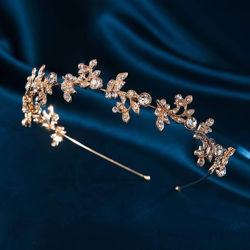Exquisite gold princess fairy style headband with rhinestone leaves and flowers, vintage design, pre-order available.