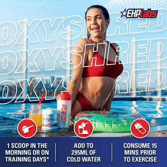 EHP Labs OxyShred Juicy Watermelon shown with instructions and colorful summer setting, ideal for thermogenic fat burning.