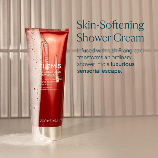 Red shower cream tube with text describing its luxurious properties on a neutral background