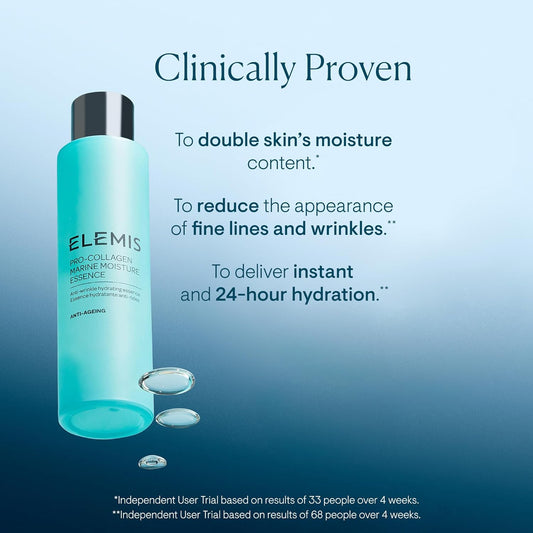 Elemis skincare bottle with text on a blue gradient background