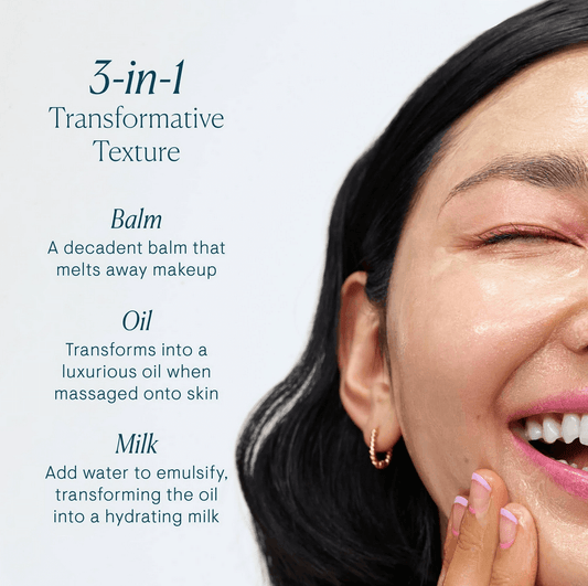 Woman applying Elemis skincare product with text describing 3-in-1 transformative texture