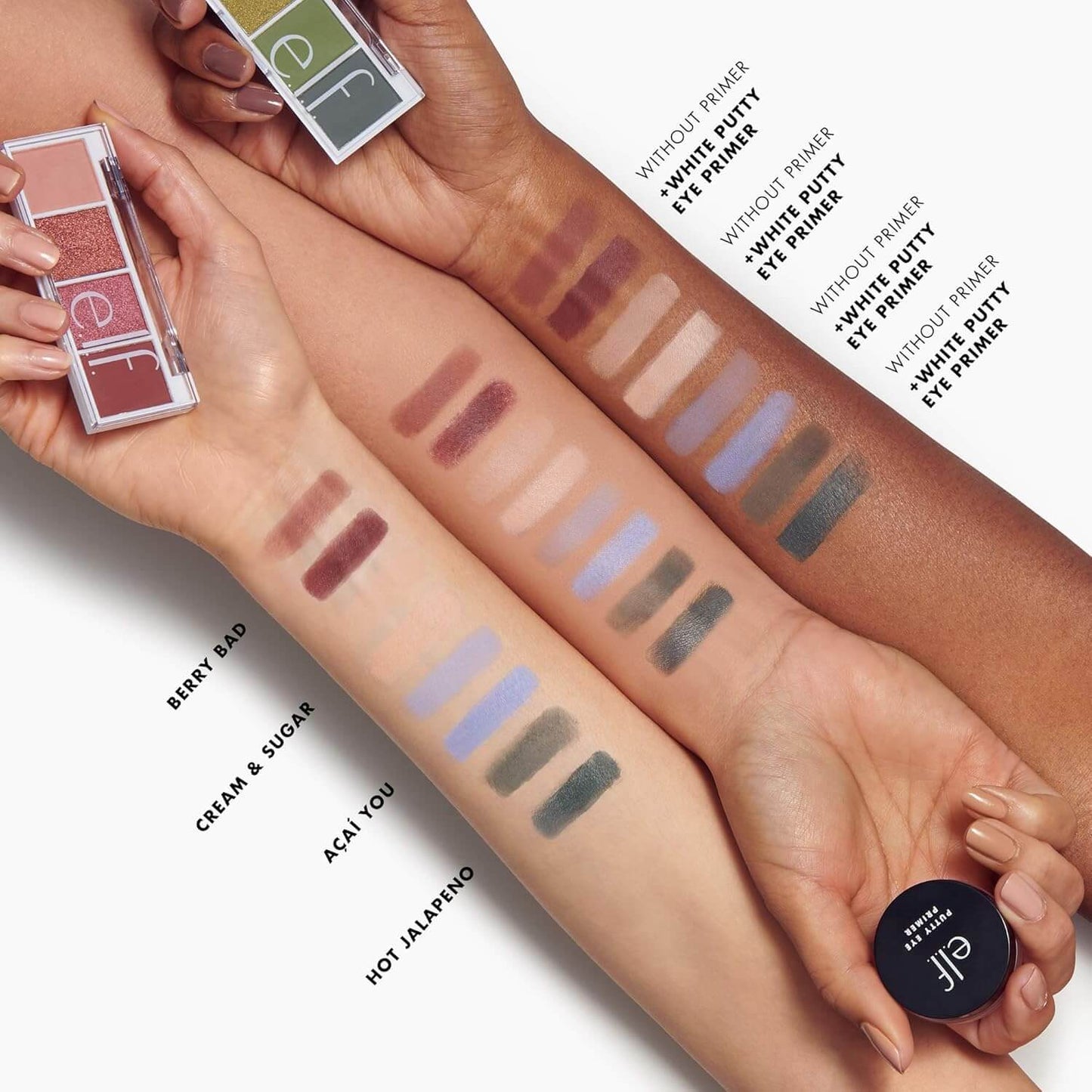 Hands with makeup swatches on arms and e.l.f. eye shadow palette