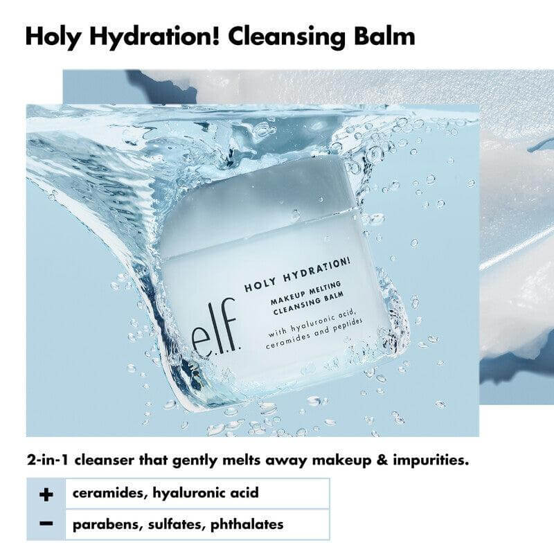 e.l.f Holy Hydration! Makeup Melting Cleansing Balm submerged in water, highlighting its hydrating formula with hyaluronic acid.