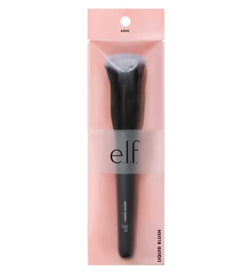 Black makeup brush in a pink packaging with 'e.l.f.' branding on a white background