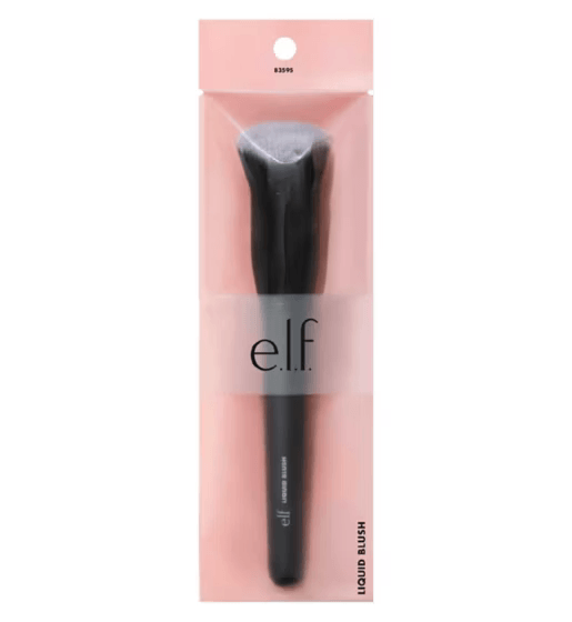 Black makeup brush in a pink packaging with 'e.l.f.' branding on a white background