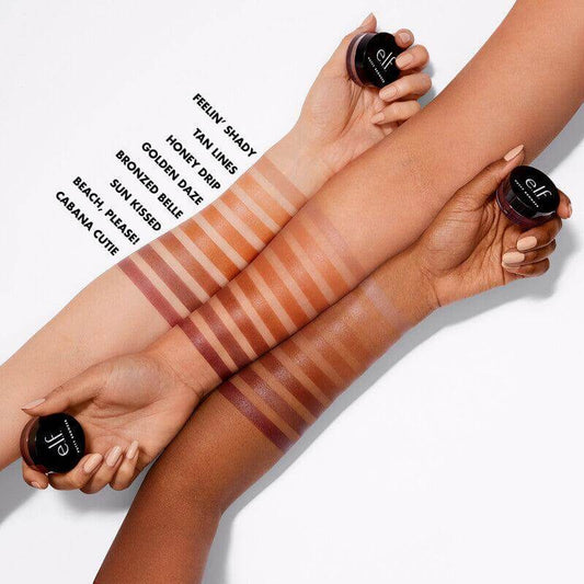 Swatches of e.l.f Putty Bronzer shades: Feelin' Shady, Tan Lines, Honey Drip, and more. Ideal for a sun-kissed glow.