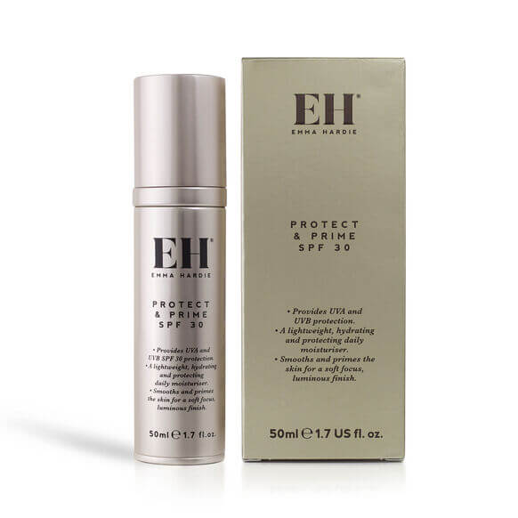 Skincare bottle and packaging of Emma Hardie Protect & Prime SPF 30 on a white background