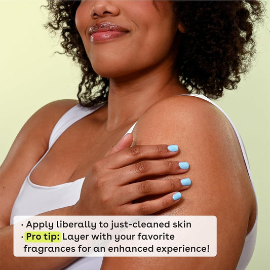 Woman applying eos product to her shoulder with text overlay on a light green background