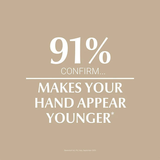 Beige background with white text stating '91% confirm... makes your hand appear younger'.Eucerin