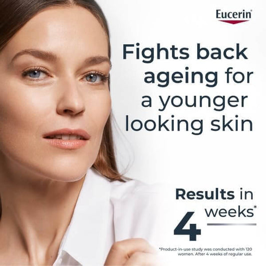 Eucerin advertisement with a woman's face and text about skin care product effects.