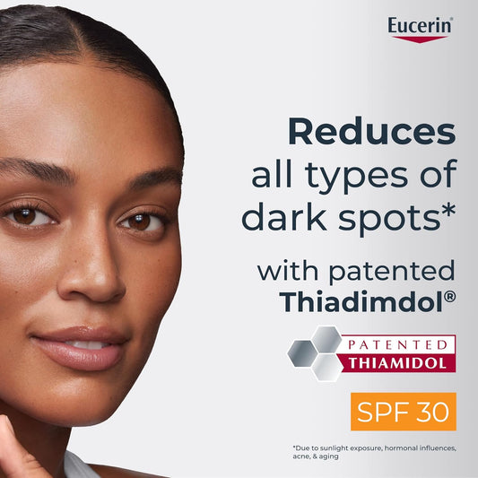 Eucerin advertisement with a woman's face and text about dark spot reduction and SPF 30.