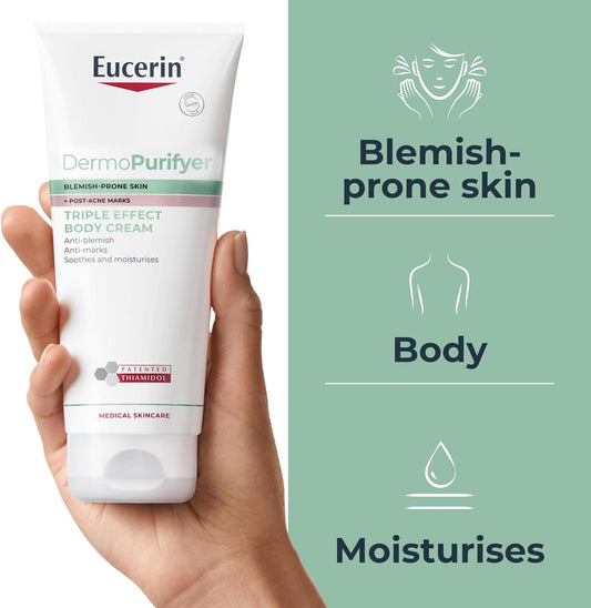 Eucerin DermoPurifyer body cream held in a hand with product description on a green background