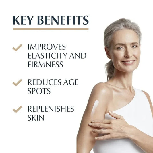 Woman with a white shirt showing her shoulder, with text listing key benefits of Eucerin skincare product.