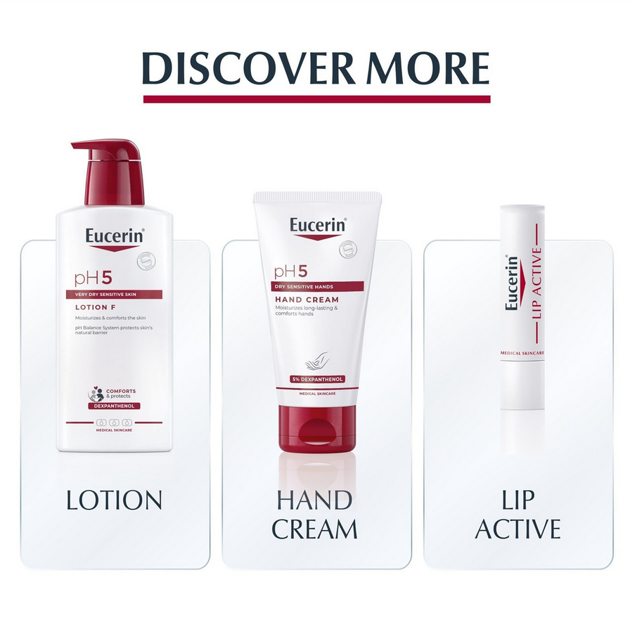 Eucerin pH5 skincare products including lotion, hand cream, and lip active on a white background.
