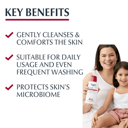 Woman and child holding a Eucerin bottle with key benefits listed on a white background