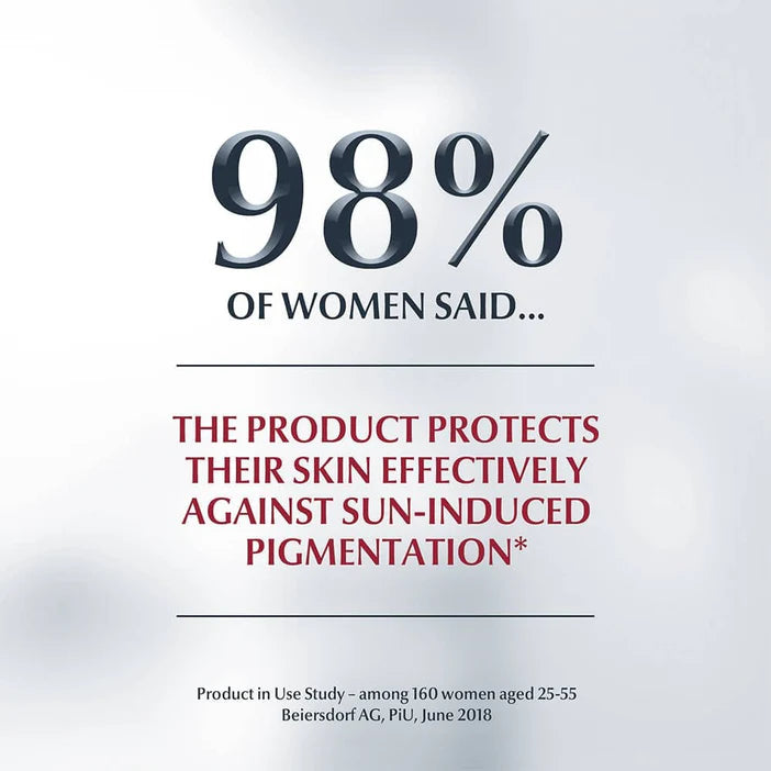 Advertisement with text about a Eucerin product protecting skin against sun-induced pigmentation on a light gray background.