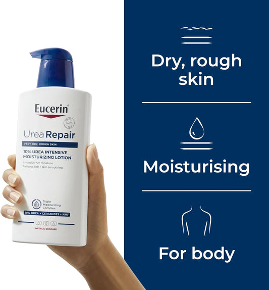 Eucerin Urea Repair lotion bottle held by a hand with product features on a blue background