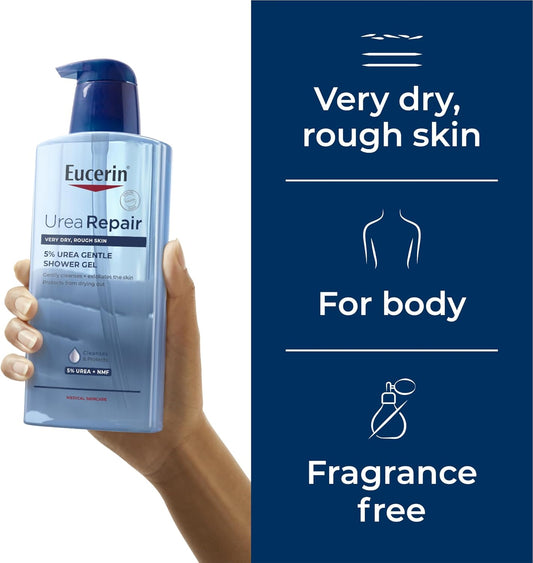 Eucerin Urea Repair shower gel bottle held by a hand with product features on a blue background