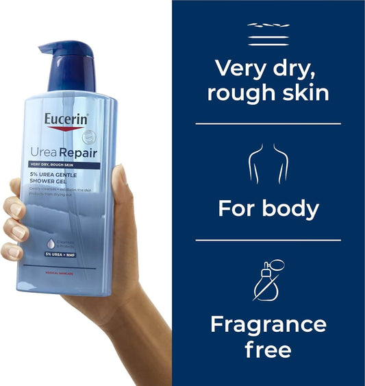 Eucerin Urea Repair shower gel bottle held by a hand with product features on a blue background