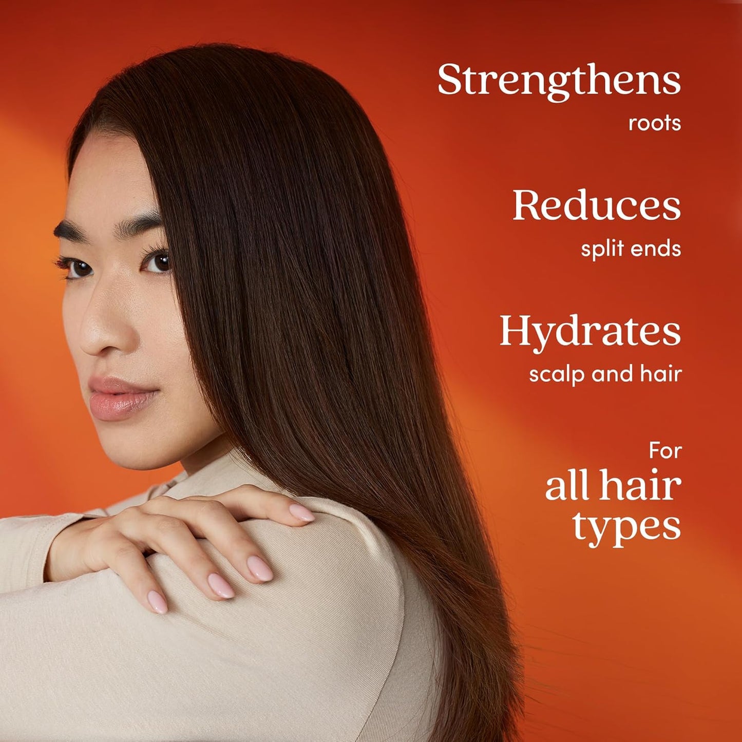 Woman with long, healthy hair against an orange background with text about Fable & Mane hair care benefits.