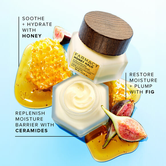 Farmacy jars with honey and fig elements on a light blue background