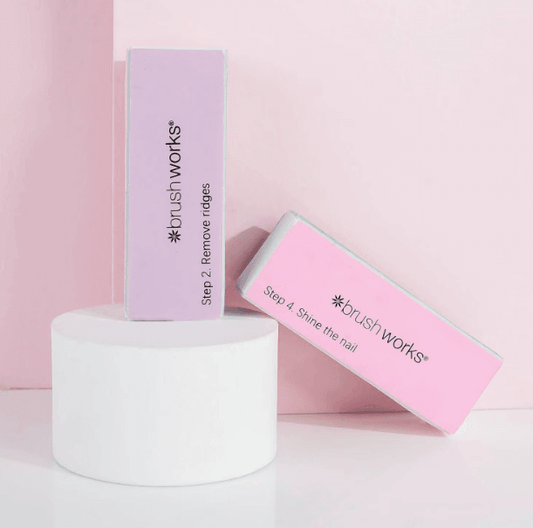 Brushworks Pastel Buffing Block Duo for nail care, featuring instructions for shaping and polishing nails.