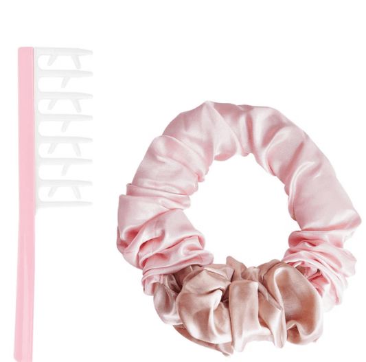 Brushworks Heatless Hair Curling Set featuring a pink heatless curling scrunchie and a smoothing curl comb.