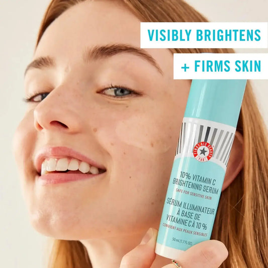 First Aid Beauty 10% Vitamin C Brightening Serum 50ml, visibly brightens and firms skin, ideal for sensitive skin types.