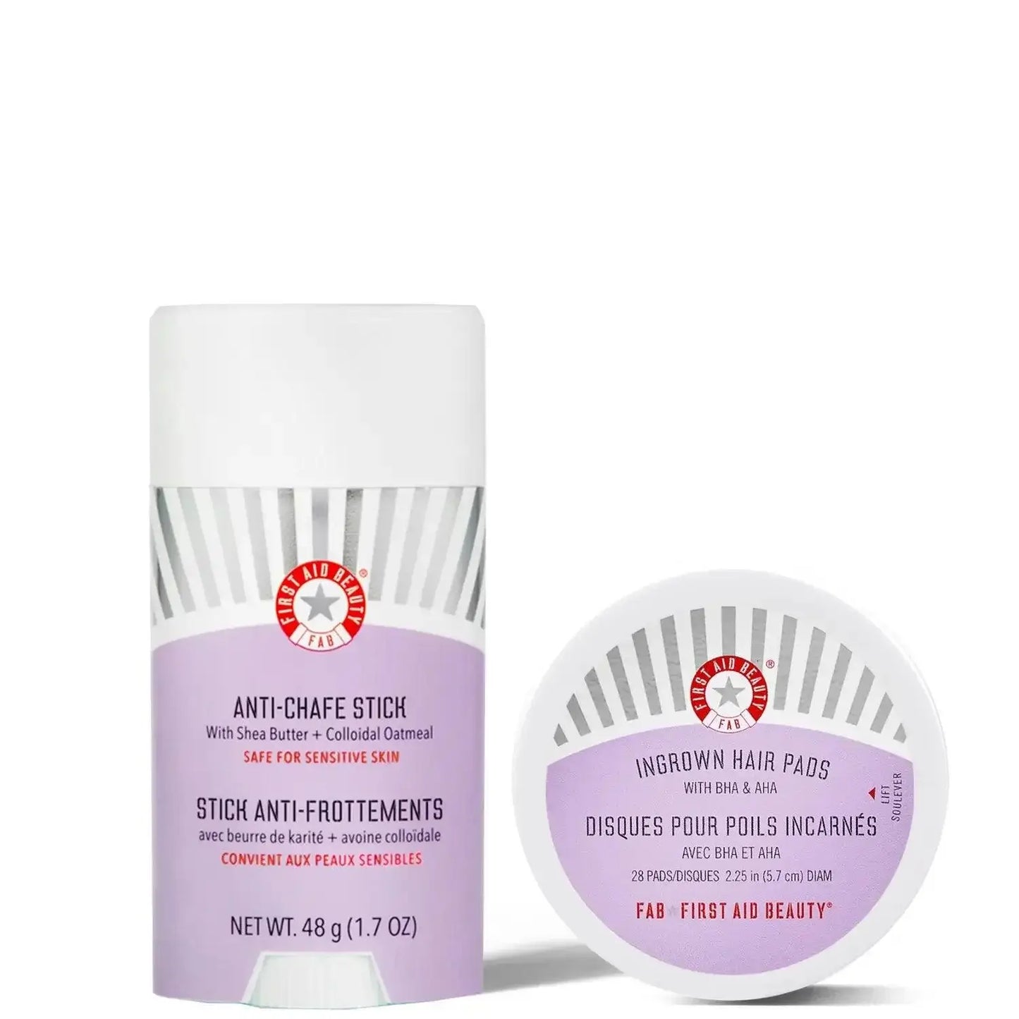 First Aid Beauty Body Care Bundle featuring Anti-Chafe Stick and Exfoliating Ingrown Hair Pads for sensitive skin.