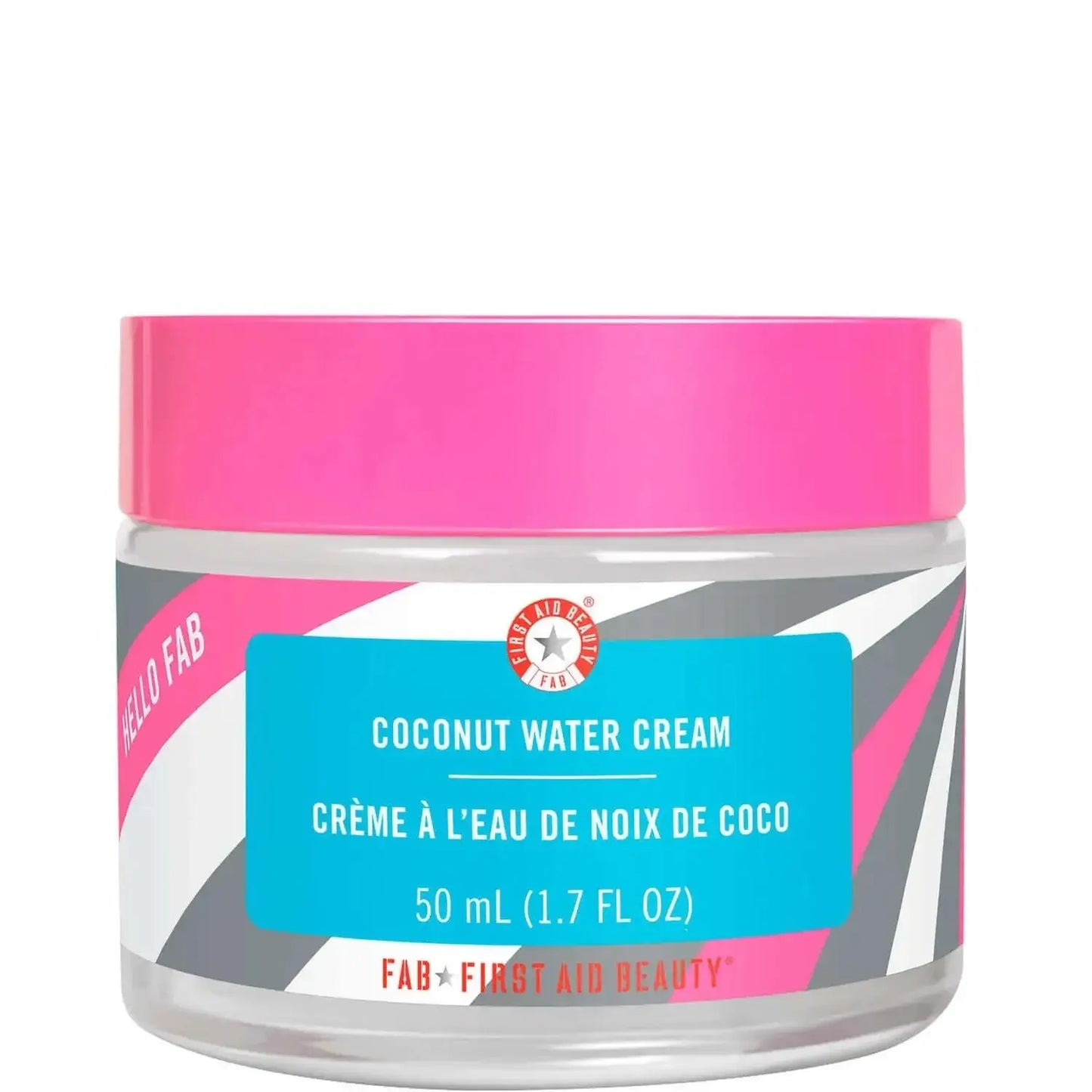 First Aid Beauty Coconut Water Cream 50ml jar with pink lid, hydrating moisturizer for refreshed skin.