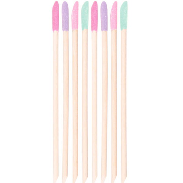 Brushworks Crystal Cuticle Sticks in pink, purple, and green for healthy nail care, easy to use, set of eight.