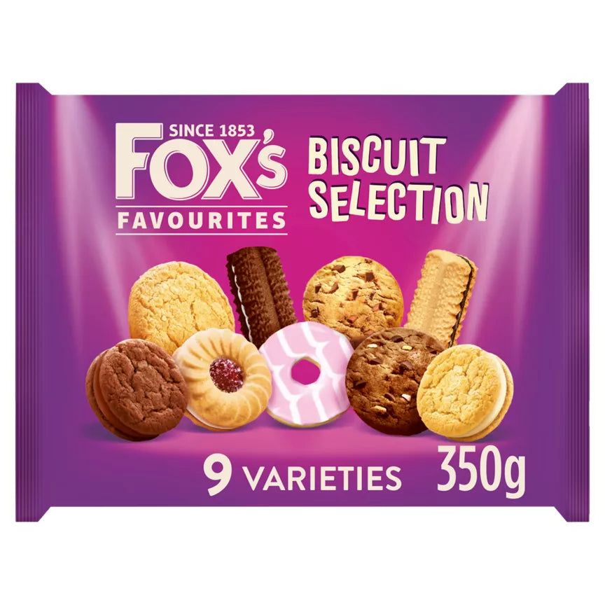 Fox's Favourites Biscuit Selection 350g featuring 9 delicious varieties of biscuits, perfect for vegetarians.