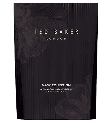 Ted Baker Mask Collection packaging featuring Glowing, Hydrating Face Masks, and a Lip Mask for skin nourishment.