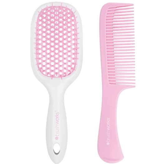 Brushworks Blowdry Brush and Comb Set featuring a flexible paddle brush and a detangling comb in pink and white.