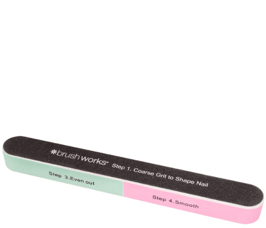 Brushworks 6 Way Shape and Shine Nail Buffer showing steps to shape, even out, and smooth nails.