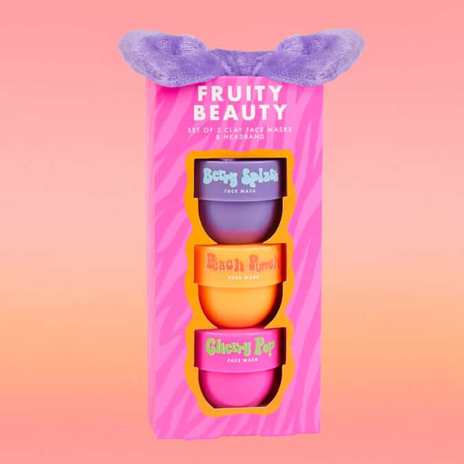 Fruity Beauty Face Masks & Headband Set featuring three clay masks and a plush headband on a colorful background.