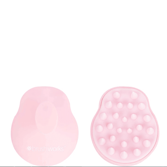 Brushworks Massaging Shampoo Brush in pink, designed for scalp exfoliation and hair care.