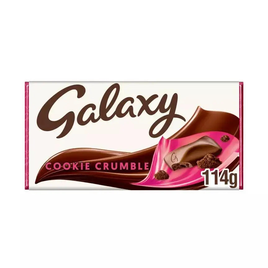 Galaxy Cookie Crumble Chocolate Block Bar 114g packaging, suitable for vegetarians, may contain nuts.