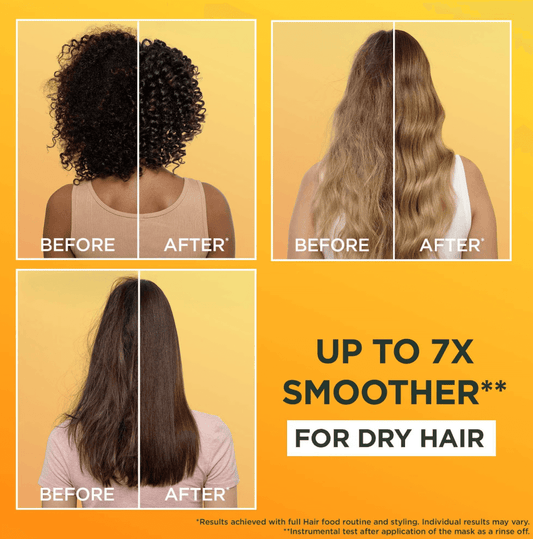 Before and after comparison showing hair transformation for dry hair using Garnier Ultimate Blends Hair Mask.