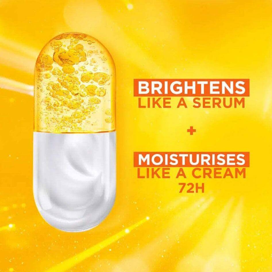 Bright yellow capsule highlighting brightening serum and moisturizing cream benefits for radiant skin.