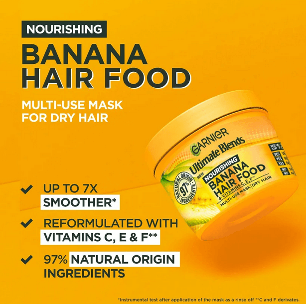 Garnier Ultimate Blends Banana Hair Food 3-in-1 hair mask for dry hair, 390ml, enriched with vitamins C, E & F.