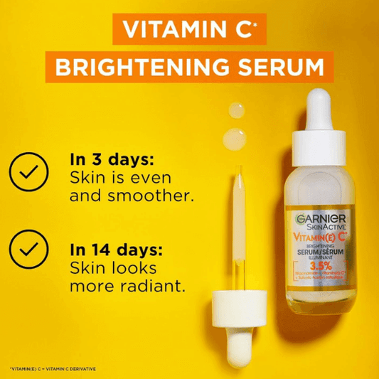 Garnier Vitamin C Brightening Serum with dropper; promises radiant skin in 14 days, even texture in 3 days.