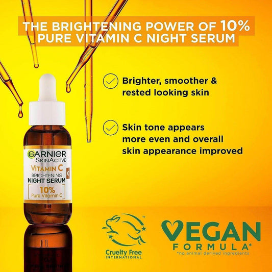 Garnier Vitamin C Night Serum bottle highlighting its brightening benefits for smoother, rested skin.