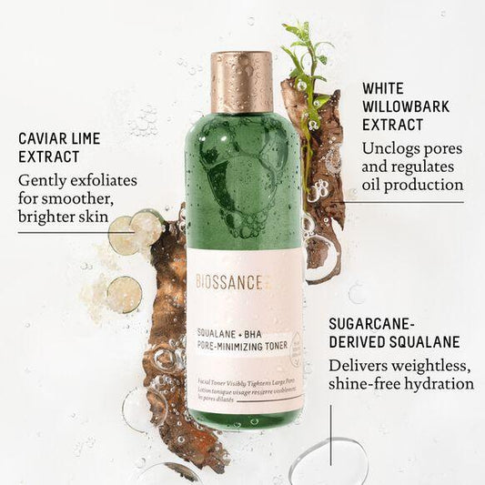 BIOSSANCE Squalane + BHA Pore Minimizing Toner with natural extracts for smoother skin, unclogs pores, and hydrates.