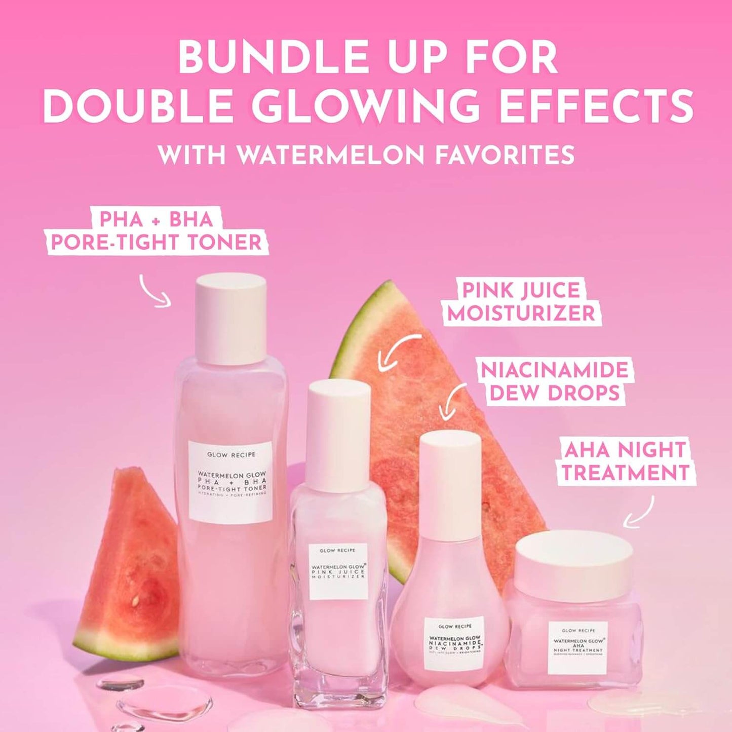 GLOW RECIPE Skincare products with watermelon slices on a pink background, promoting 'Watermelon Favorites' line.